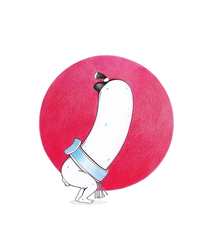 Eine bayerische Weißwurst als japanischer Sumo Ringer. Der "Weißwurst-Sumōtori" steht vor dem roten "Kreis der Sonne" aus der japanischen Nationalflagge. Illustration von Julian Opitz.