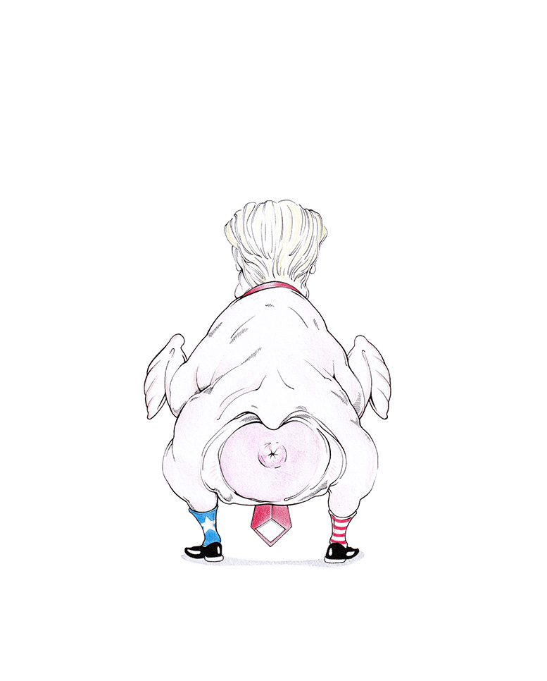 Trump Always Chickens Out – Taco: Karikatur des amerikanischen Präsidenten Donald Trump als gerupftes, rohes Huhn mit Krawatte und Amerika-Socken. Politische Zeichnung von Julian Opitz.
