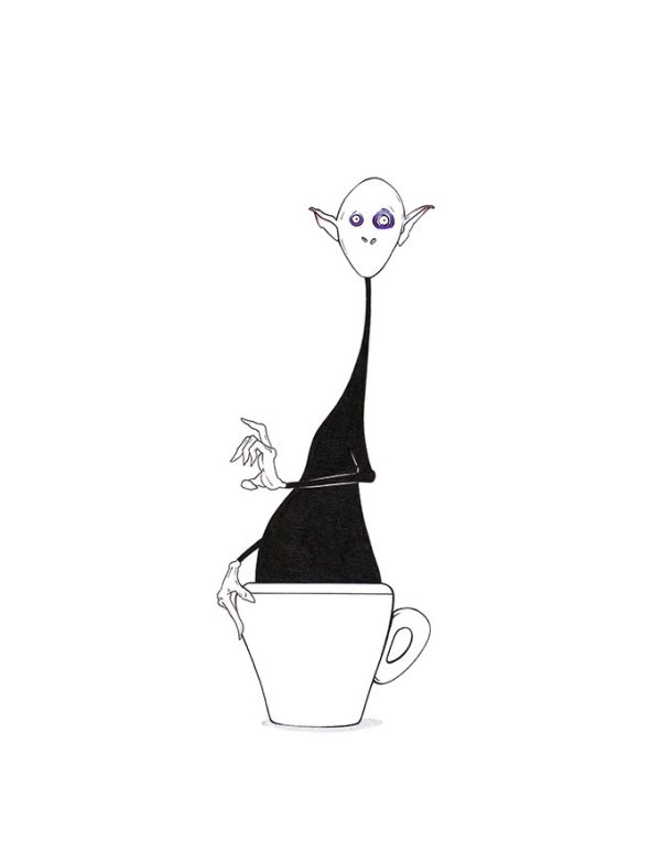 Ein bleicher Vampir erhebt sich mit großen Augen aus einem kleinen Espresso-Tässchen. Kaffee-Illustration "Auferstanden" von Julian Opitz.