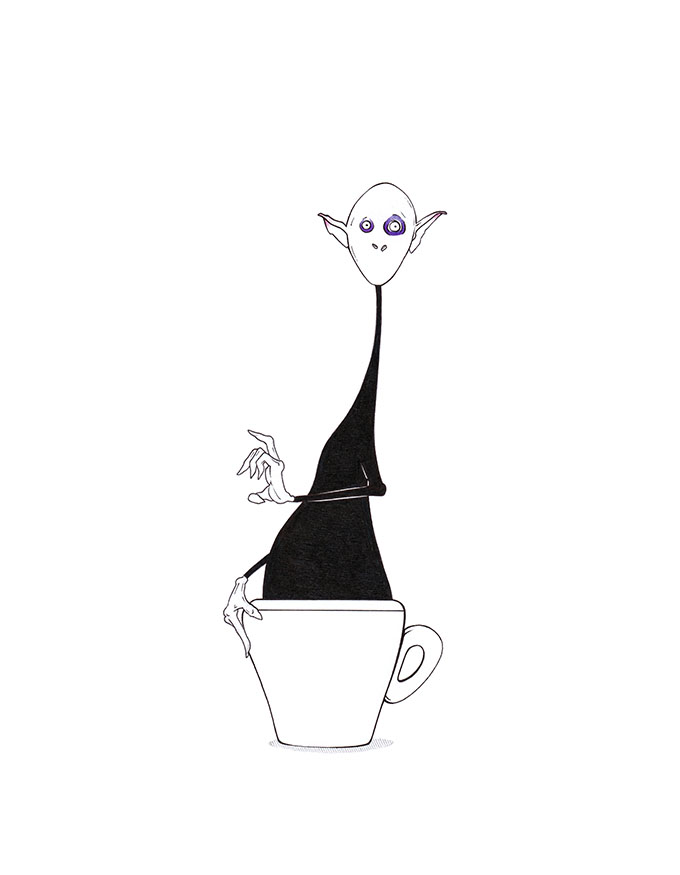 Ein bleicher Vampir erhebt sich mit großen Augen aus einem kleinen Espresso-Tässchen. Kaffee-Illustration "Auferstanden" von Julian Opitz.
