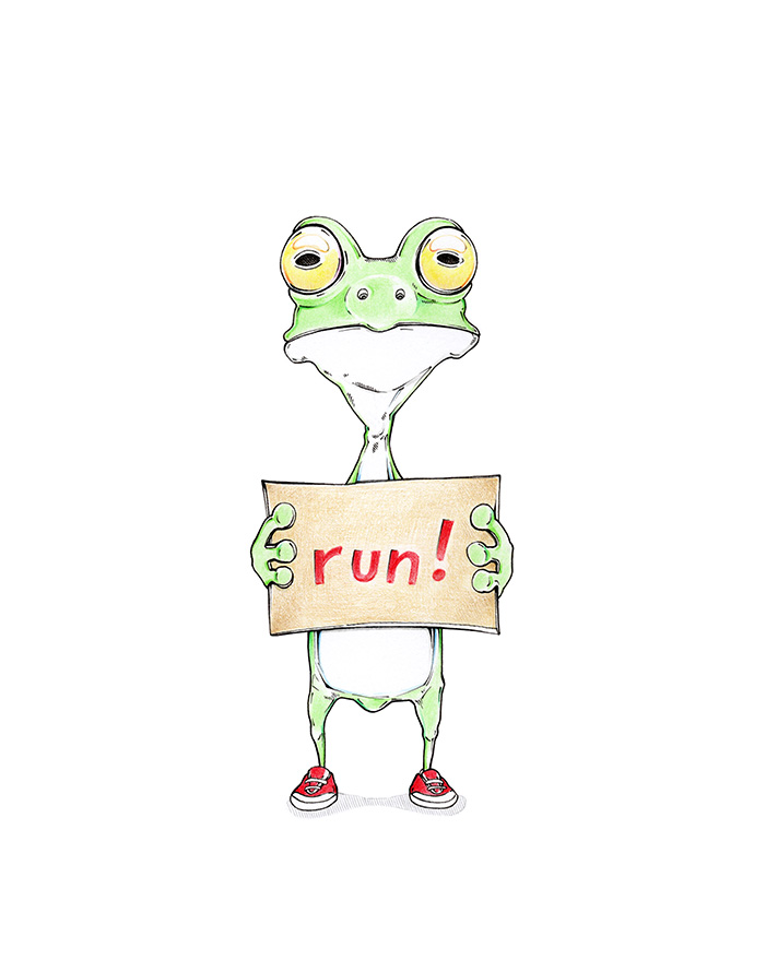 Ein kleiner Wetterfrosch mit großen, angsterfüllten Augen hält ein Schild in die Höhe. Darauf steht in roten Buchstaben "run!" – lauf so schnell du kannst! Klima-Karikatur "Wetterfrosch" von Julian Opitz.