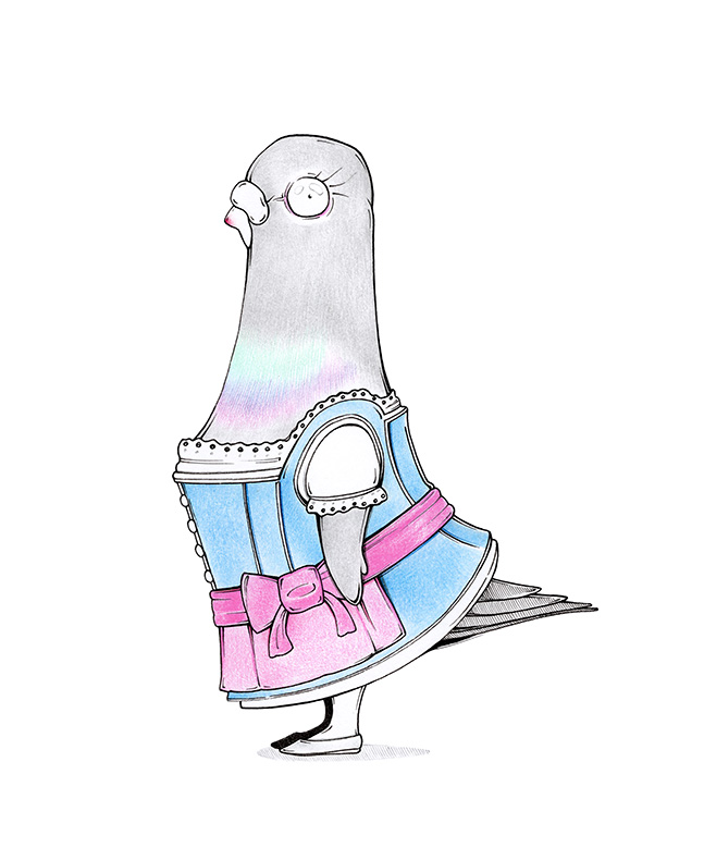 Einzigartige Illustration: Eine Taube im traditionellen Dirndl Dieses Bild zeigt eine bezaubernde, handgezeichnete Illustration einer Taube, die ein wunderschönes, traditionelles Dirndl trägt. Die Taube ist mit feinen Bleistiftstrichen schattiert und zeigt subtile, irisierende Farben an Hals und Brust, die an echte Taubengefieder erinnern. Die Taube trägt ein hellblaues Dirndl mit feinen weißen Spitzenborten am Ausschnitt und an den Ärmeln. Eine leuchtend rosa Schürze, gebunden mit einer markanten Schleife, bildet einen fröhlichen Kontrast zum Blau des Kleides. Die Taube steht auf einem Fuß und schaut mit einem freundlichen, aufgeschlossenen Ausdruck. Diese Illustration ist ein einzigartiges Beispiel für Pop-Art, das traditionelle bayerische Tracht mit einer unerwarteten und humorvollen Note verbindet. Sie eignet sich hervorragend als Kunstwerk für Wanddekoration, als Druck auf T-Shirts oder als Motiv für Postkarten. Die klare Linienführung und die lebendigen Farben machen dieses Bild zu einem echten Hingucker. Die Taube im Dirndl ist ein charmantes und einprägsames Motiv, das sicher viele Blicke auf sich zieht. Oktoberfest-Illustration "Wiesntäubchen" von Julian Opitz.