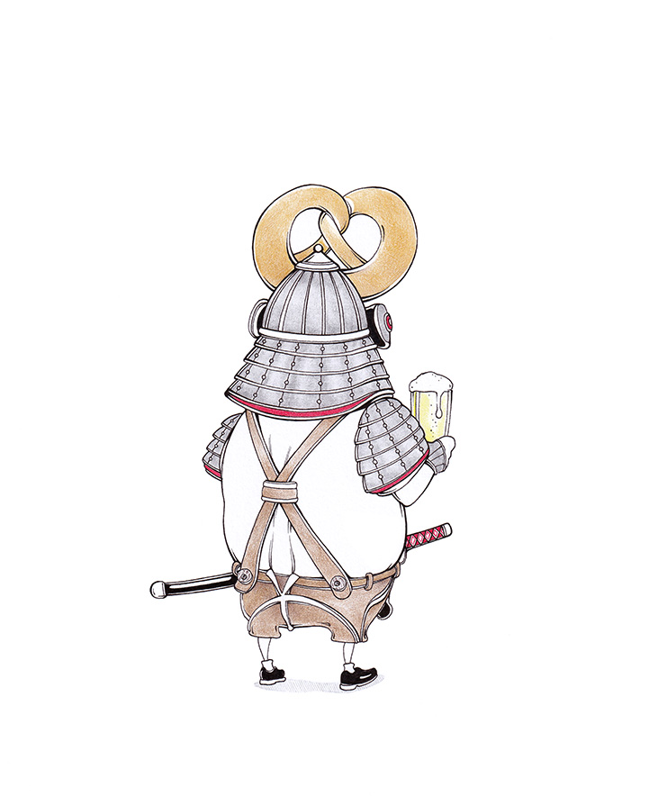 Illustration eines bayerisch-japanischen Samurai in Lederhosen mit Bierglas in der Hand und einer gewaltigen Breze auf dem Helm. Illustration "Wirtshaussamurai" von Julian Opitz.